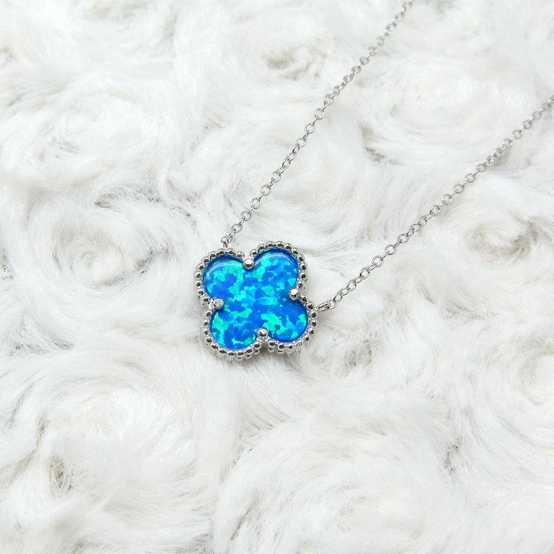 Four Leaf Clover Clavicle Necklace Sterling Silver Sideways Opal Choker - Collar Necklaces - Sterling Silver Blue