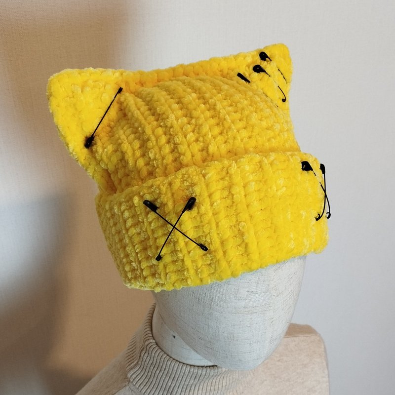 Rave cat ear beanie crochet Yellow beanie with cat ears Crazy cat hat hand knit - Hats & Caps - Other Materials Yellow