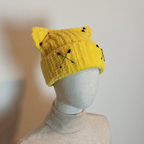 Rave cat ear beanie crochet Yellow beanie with cat ears