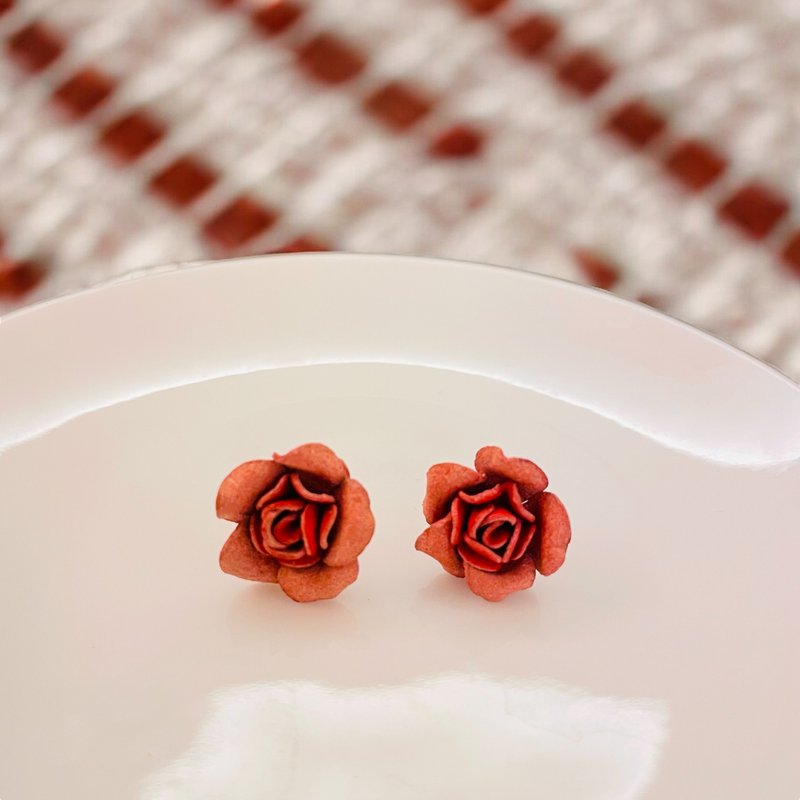 Leather flower earrings rose earrings thin version - Items for Display - Genuine Leather Multicolor