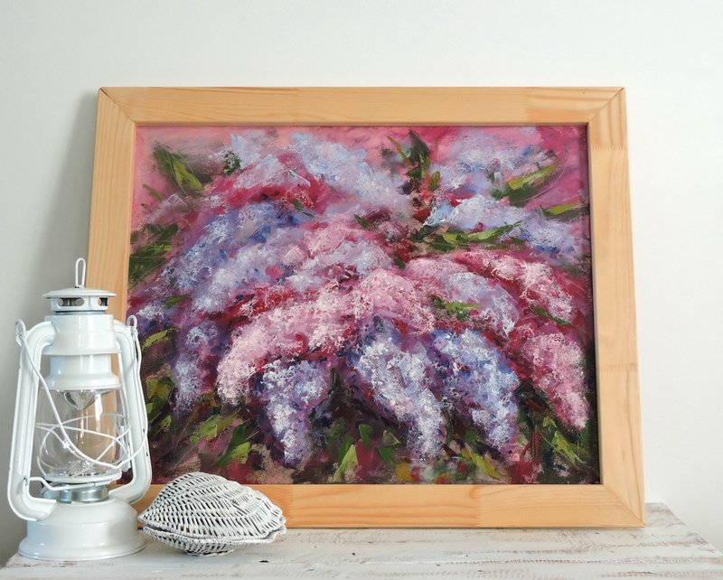 Lilac bouquet original oil painting on canvas home wall decoration - 壁貼/牆壁裝飾 - 其他材質 多色