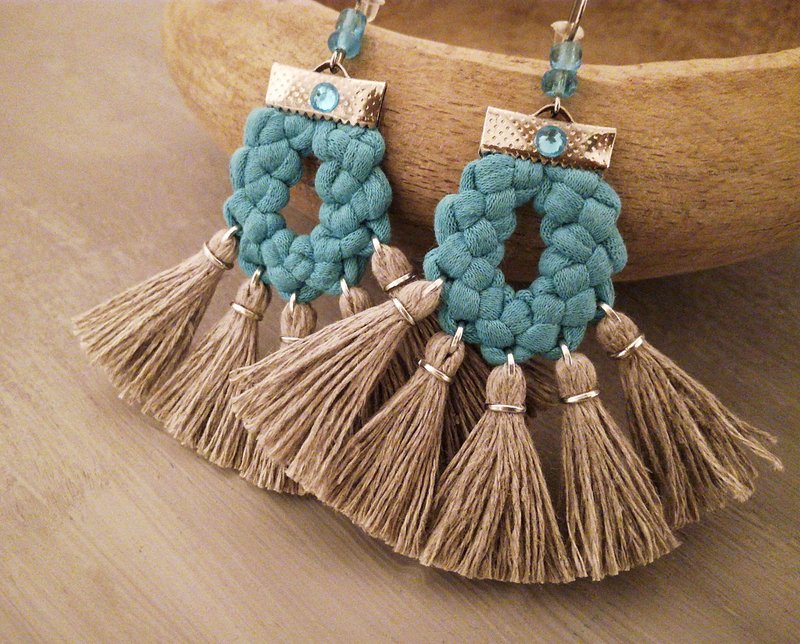 Turquoise Earrings Linen Tassels - ต่างหู - งานปัก สีน้ำเงิน