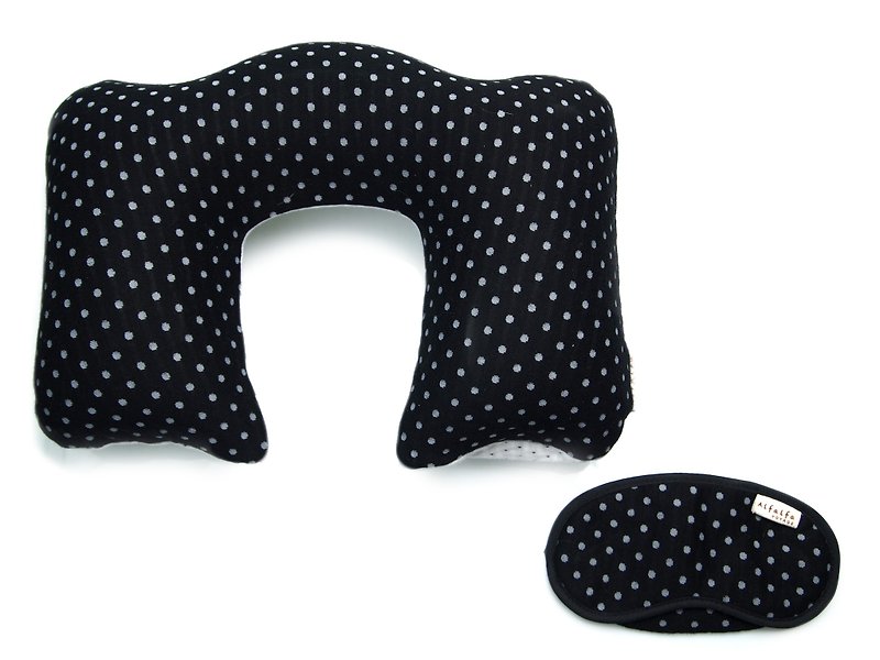波點充氣可拆洗頸枕 + 甜睡眼罩套裝 - 黑色 - 枕頭/咕𠱸 - 棉．麻 黑色