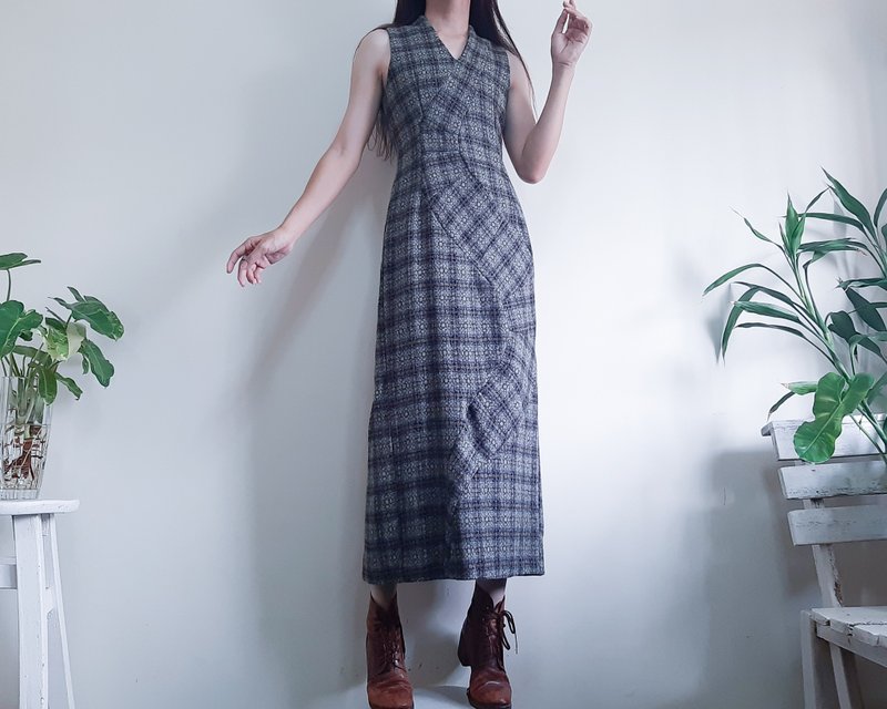 SHINICHIRO ARAKAWA Plaid Wool Dress Patchwork Long Dress Fabric Made in France - One Piece Dresses - Wool Brown