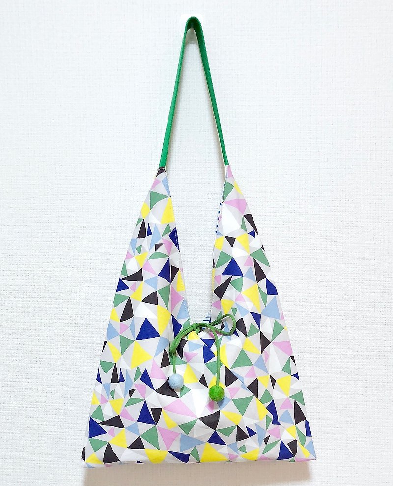 2019 spring / Japanese style side backpack / medium size / blue color triangle / blue color strip - Messenger Bags & Sling Bags - Cotton & Hemp Blue