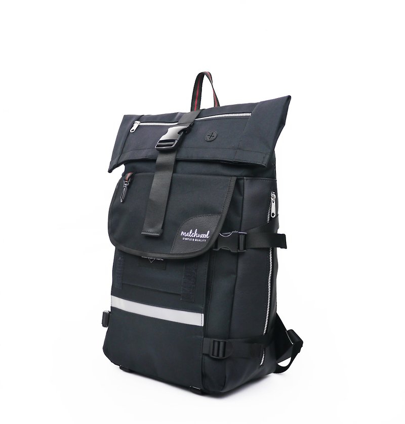 Waterproof large-capacity reflective backpack Matchwood Rider waterproof laptop backpack - กระเป๋าเป้สะพายหลัง - หนังแท้ สีดำ