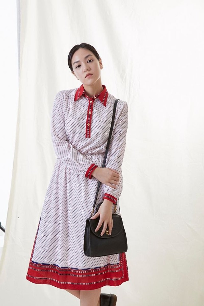 "Vintage dress" Japanese vintage dress white and red stripes VD160 - One Piece Dresses - Polyester White