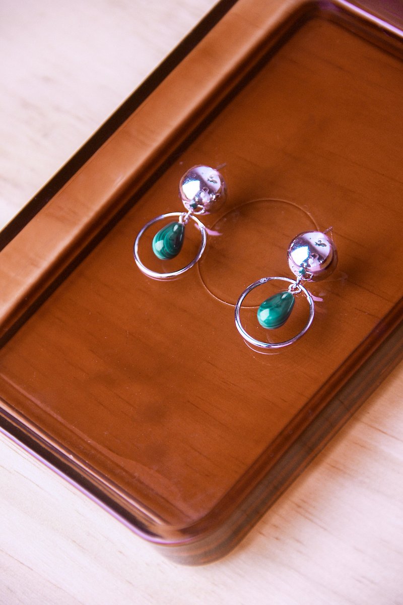 YELU pure Silver natural peacock Stone earrings - ต่างหู - เงินแท้ 