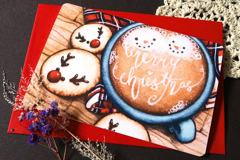 【Pin】クリスマスココア│印刷水彩画│クリスマスカード│封筒の色は選べます - カード・はがき - 紙 レッド