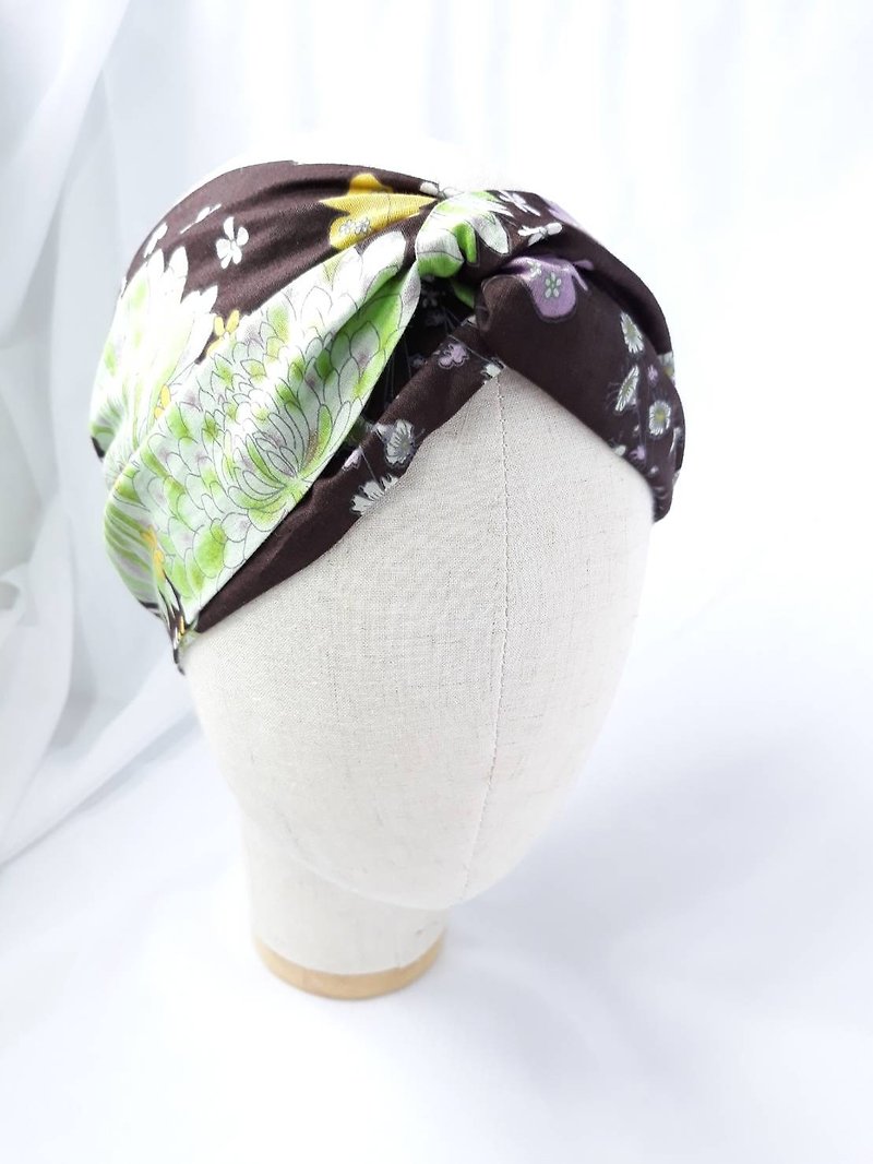 咖啡底菊花紋頭巾領巾式手工寬髮帶 - 髮帶/頭箍 - 棉．麻 咖啡色