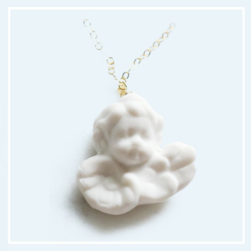 Cupid's vows little angel retro style white ceramics American 14kgf gold necklace - Necklaces - Pottery White