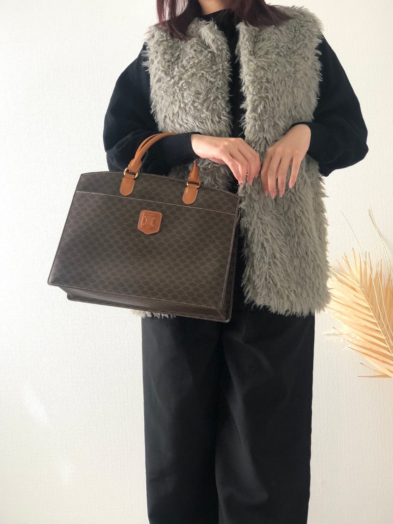 【 日本直送　名牌中古包 】CELINE セリーヌ マカダム ブラゾン型押し レザー ハンドバッグ ブラウン vintage ヴィンテージ s7fgrx - 手提包/手提袋 - 真皮 咖啡色
