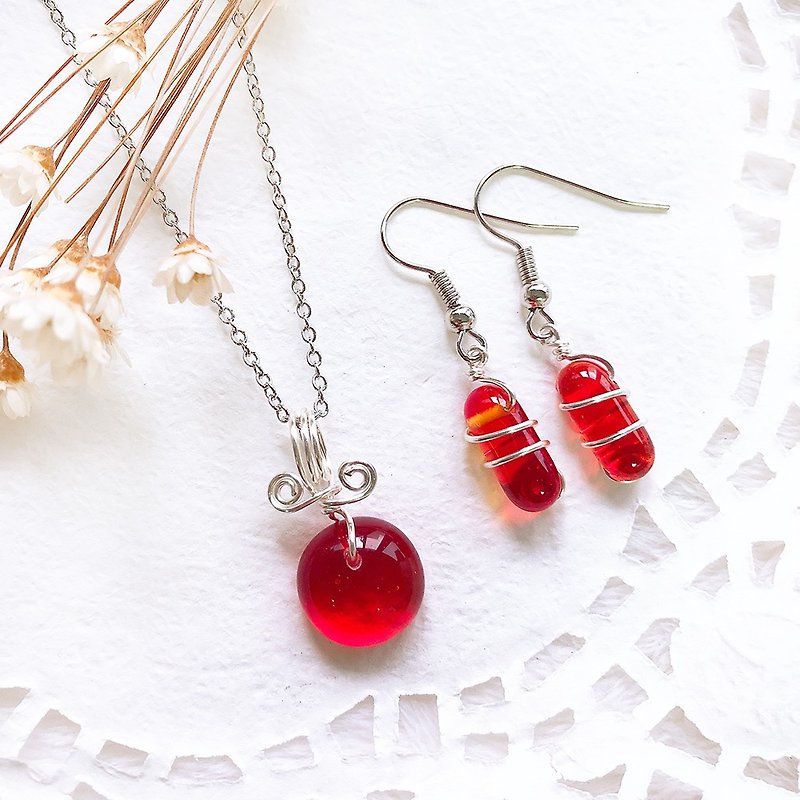 Lively You│Agate Necklace and Earrings Set - สร้อยคอ - แก้ว สีแดง