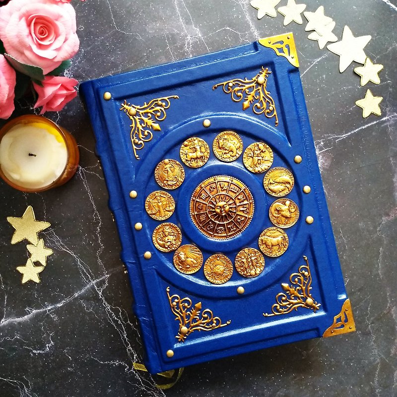 Large A4 Size Blue & Antique Gold Zodiac Eco-Leather Astrology Book for Notes - สมุดบันทึก/สมุดปฏิทิน - กระดาษ สีน้ำเงิน