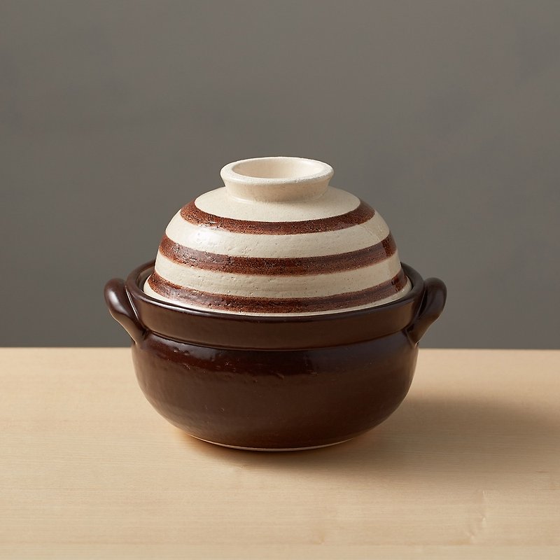 有種創意 - 日本萬古燒 - 兩用蓋碗土鍋 - 咖啡條紋(1.1L) - 煲/鍋/焗盤 - 陶 白色