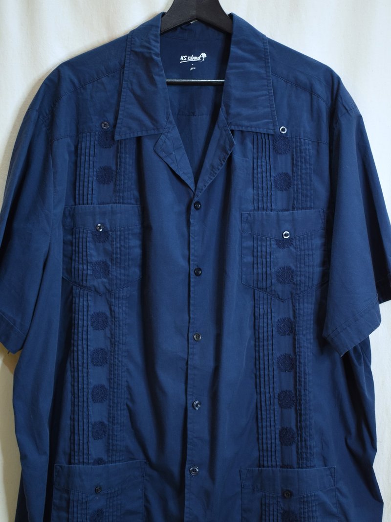 Vintage plain Cuban shirt dark blue - เสื้อเชิ้ตผู้ชาย - ผ้าไหม 