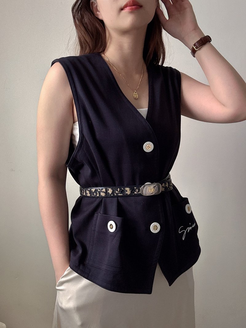 中古正品 Christian Dior 迪奧 緹花 深藍米色 真皮腰帶皮帶 75cm - 皮帶/腰帶 - 真皮 藍色