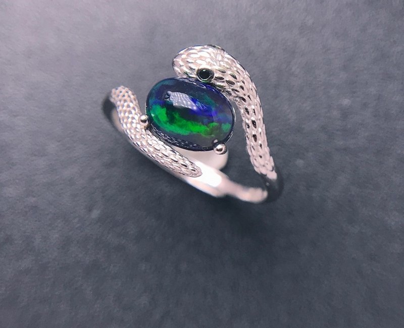 Black Opal Ring, Snake Ring, Opal Silver Ring, 925 Sterling Silver - 戒指 - 其他材質 銀色