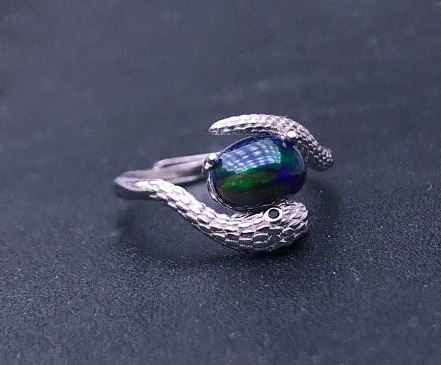 ブラックオパールリング、スネークリング、オパールシルバーリング
