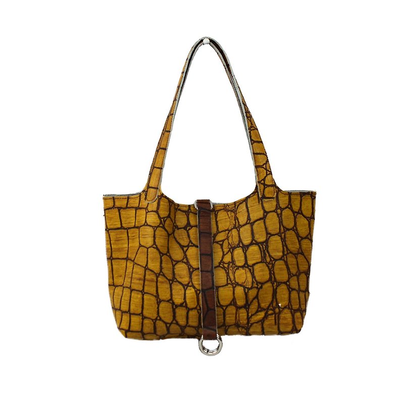 AMINAH-yellow crocodile embossed leather handbag【Art.201】 - กระเป๋าถือ - หนังแท้ สีเหลือง