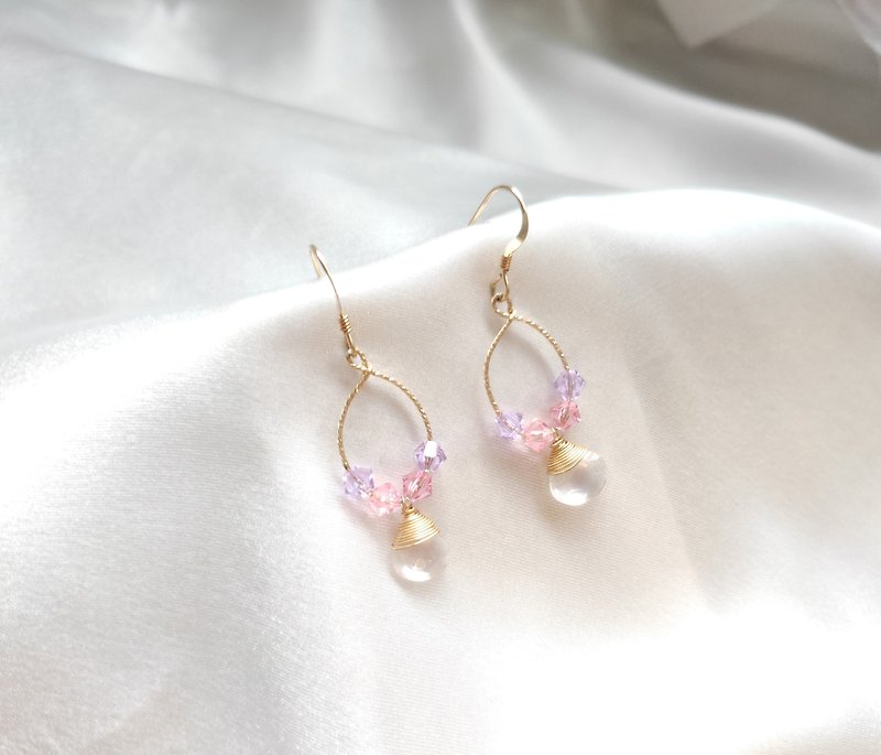 American gold-clad 14kgf earrings/pink crystal - Earrings & Clip-ons - Crystal 