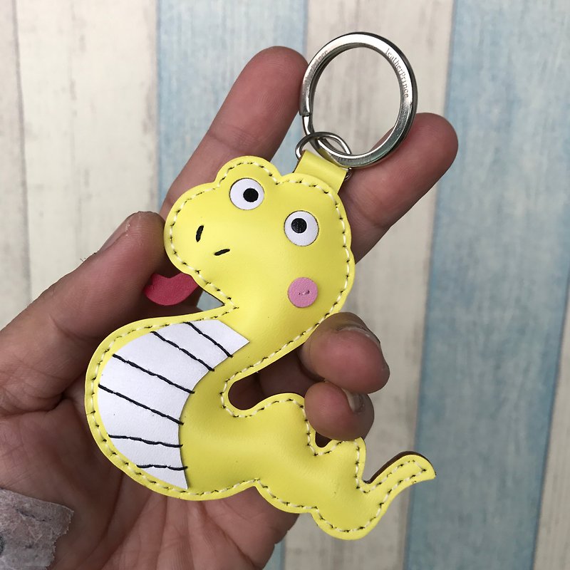 Healing small things yellow cute snake hand-stitched leather key ring small size - Keychains - Genuine Leather Red