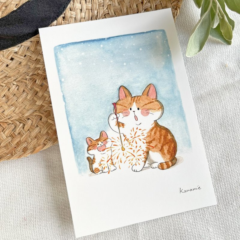 ポストカード ー 線香花火と猫 - 卡片/明信片 - 紙 藍色