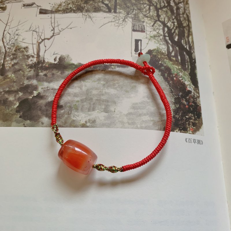 手作 暮煙常故。天然南紅瑪瑙桶珠復古編織手繩 手鏈原創古風 - 手鍊/手環 - 半寶石 紅色