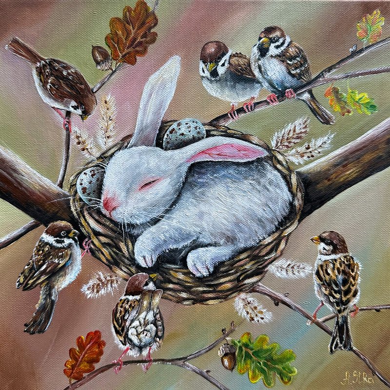 Rabbit original painting on canvas Bunny wall art Hand painted rabbit wall decor - 壁貼/牆壁裝飾 - 棉．麻 多色