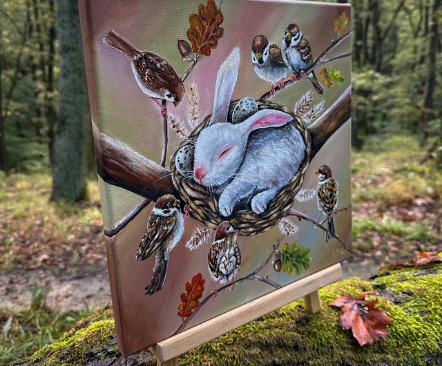 ウサギのオリジナル絵画キャンバスウサギの壁アート手描きの