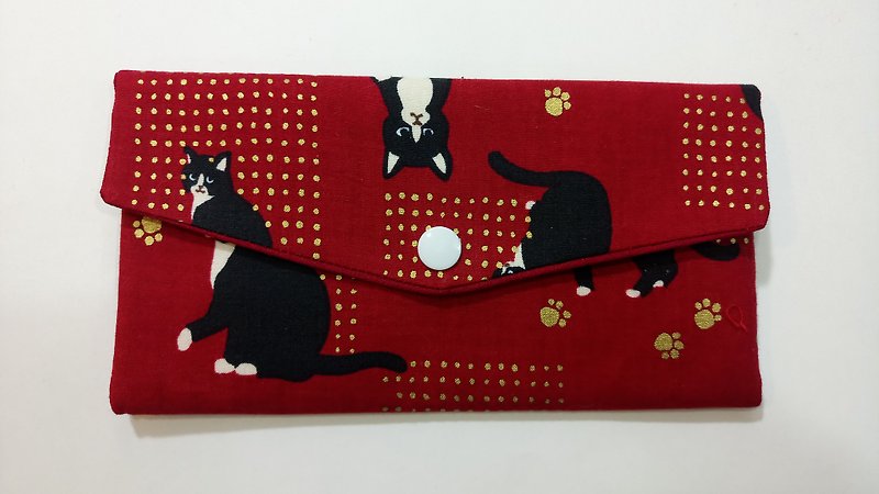 Lucky double red envelope bag/passbook storage bag (11 gold dot footprint Mercedes cat) - กระเป๋าสตางค์ - ผ้าฝ้าย/ผ้าลินิน สีแดง