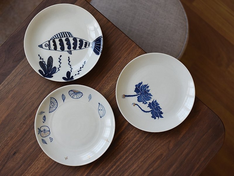 手工青白釉手繪青花餐具 盤 沙拉盤 中餐盤 食器 日式 - 盤子/餐盤 - 瓷 