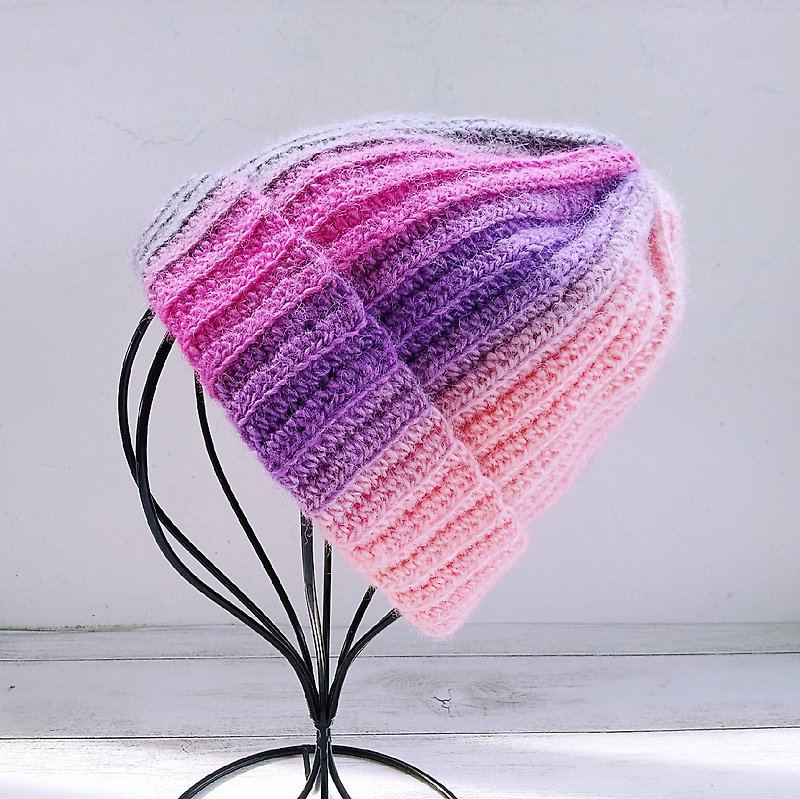 Pink purple gray gradually dyed wool hand-knit hat wool hat - หมวก - ขนแกะ สึชมพู