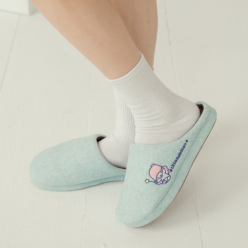 Paidal x Little Twin Stars Double Star Fairy Plush Indoor Slippers - Blue - รองเท้าแตะในบ้าน - ผ้าฝ้าย/ผ้าลินิน สีน้ำเงิน