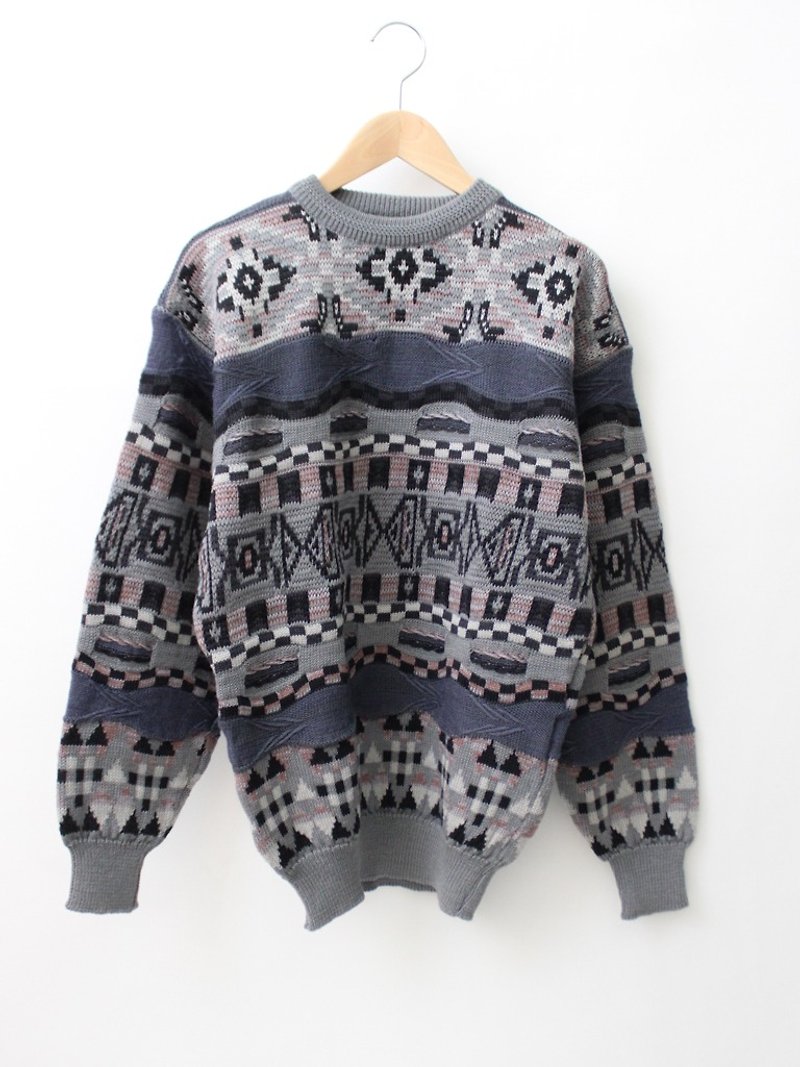 [] RE0119SW100 dark blue totem loose vintage sweater - Men's Sweaters - Wool Gray