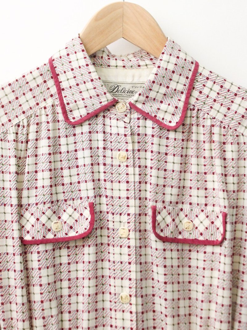 Made in Japan Retro Sweet Cute Dot Plaid Beige Long Sleeve Vintage Dress Japanese Vintage Dress - One Piece Dresses - Polyester Pink