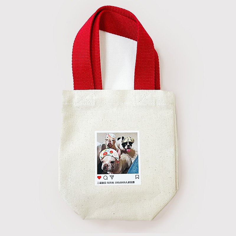 [Illustration] Ins style customized photo + text | Red webbing handle canvas drink bag - Beverage Holders & Bags - Cotton & Hemp Red
