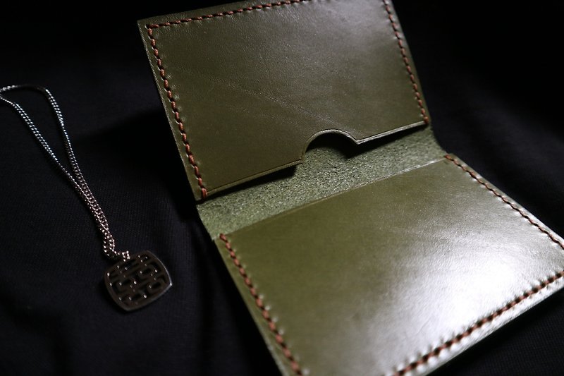 Vegetable tanned cowhide business card holder/olive green ticket holder/double-layer card holder/free lettering gift - Card Holders & Cases - Genuine Leather Green