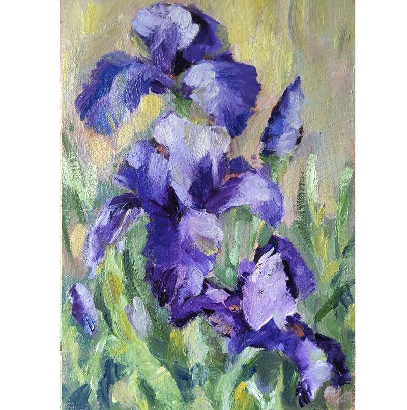 Iris Painting Floral Original Art Flower Iris Oil Artwork - 壁貼/牆壁裝飾 - 其他材質 紫色