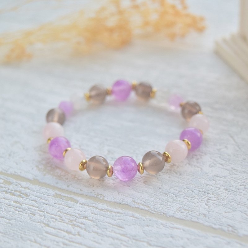 靜謐溫柔│紫水晶 粉色水晶 煙紫瑪瑙 紫水晶切角 月光石 銅 手鍊 - 手鍊/手環 - 水晶 粉紅色