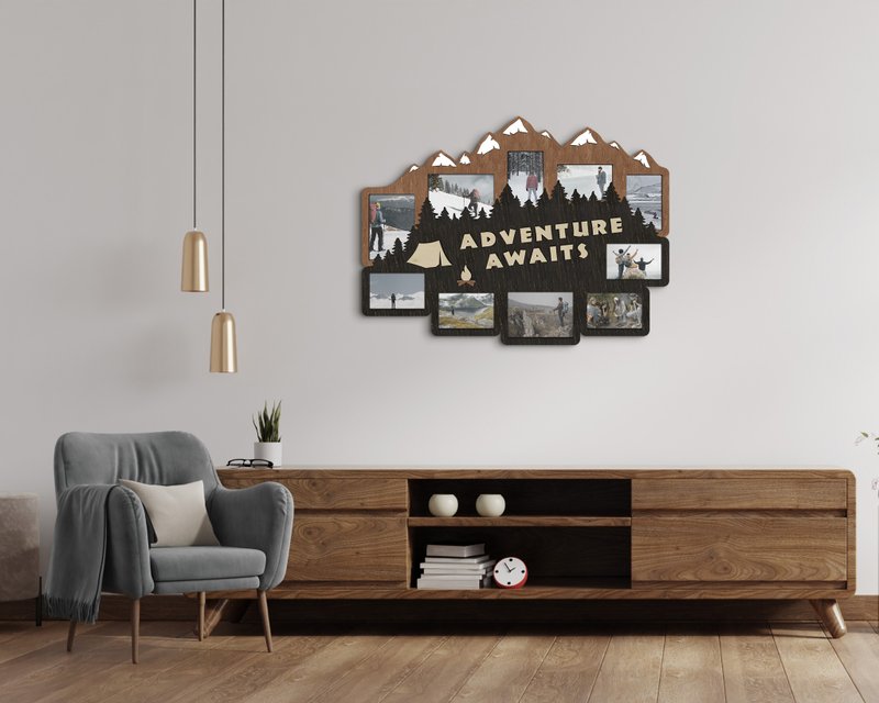 Adventure awaits wooden photo gallery Mountain wall decor Travel picture frame - Wall Décor - Wood Multicolor
