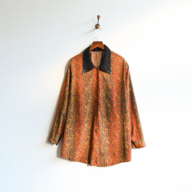 【蛋植物古著】東亞花牆寬鬆印花古著襯衫 - 女襯衫 - 其他人造纖維 咖啡色