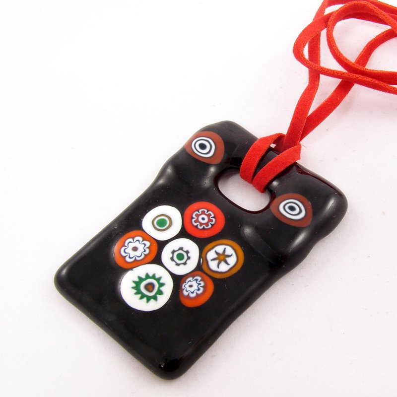Black Red Millefiori Lampwork Murano Glass Rectangle Pendant Necklace Jewelry - 項鍊 - 玻璃 黑色
