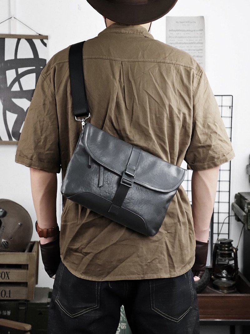 Genuine Leather Men's Crossbody Shoulder Bag Large Capcity Clutch Bag Handbag - กระเป๋าแมสเซนเจอร์ - หนังแท้ สีดำ