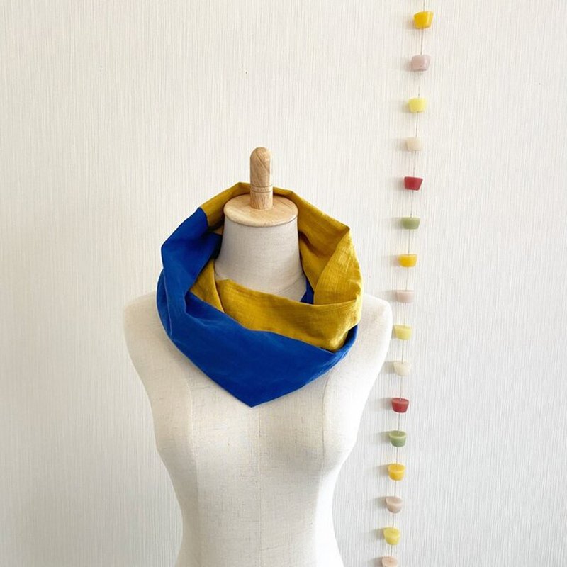 日本製　上質ダブルガーゼのふわふわ夢心地スヌード　バイカラー　マスタードイエロー　ブルー - 圍巾/披肩 - 棉．麻 多色