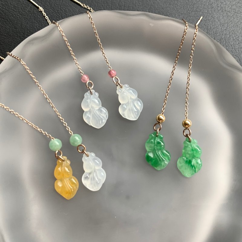 Natural Burmese Jadeite Fish Ear Wire Earrings | Ice-type Jadeite | Full Green | Yellow Jadeite | USA 14K Gold-Filled - ต่างหู - หยก หลากหลายสี