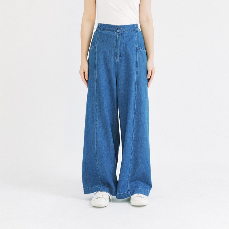 【Simply Yours】Casual Solid Color Wide Pants Blue F - Women's Pants - Cotton & Hemp Blue