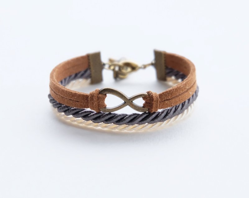 Brass infinity in Cinnamon suede Charcoal and cream rope - Bracelets - Other Materials Brown