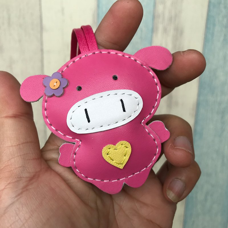 Small size - Polly the Pig cowhide leather charm - Fuschia - พวงกุญแจ - หนังแท้ สึชมพู
