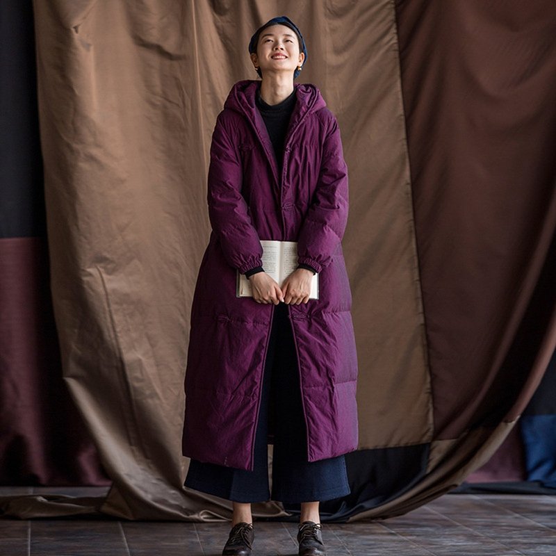 復古中國風加厚白鵝絨中長款連帽盤扣羽絨服 - 女大衣/外套 - 棉．麻 